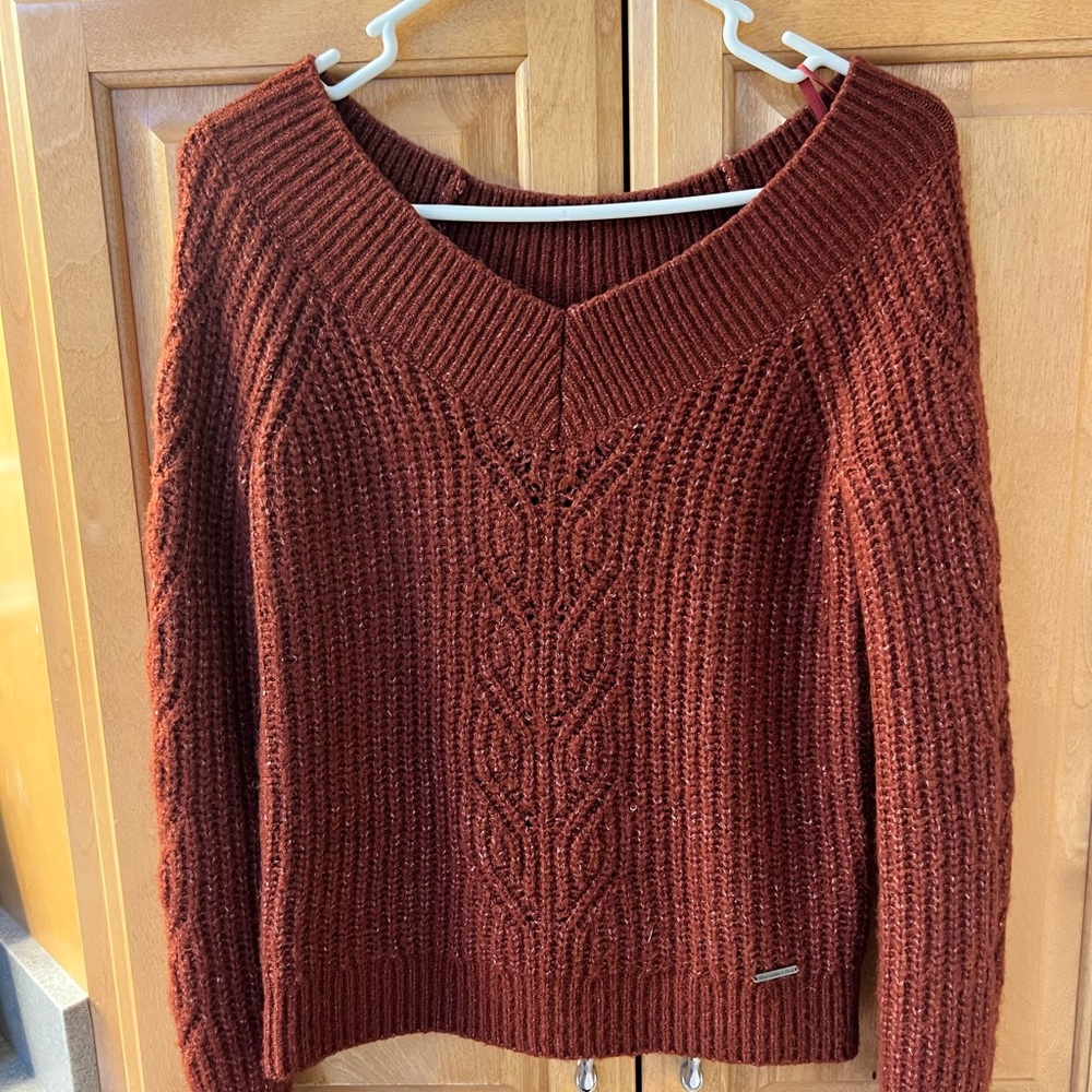 Off the shoulder burnt orange sweater